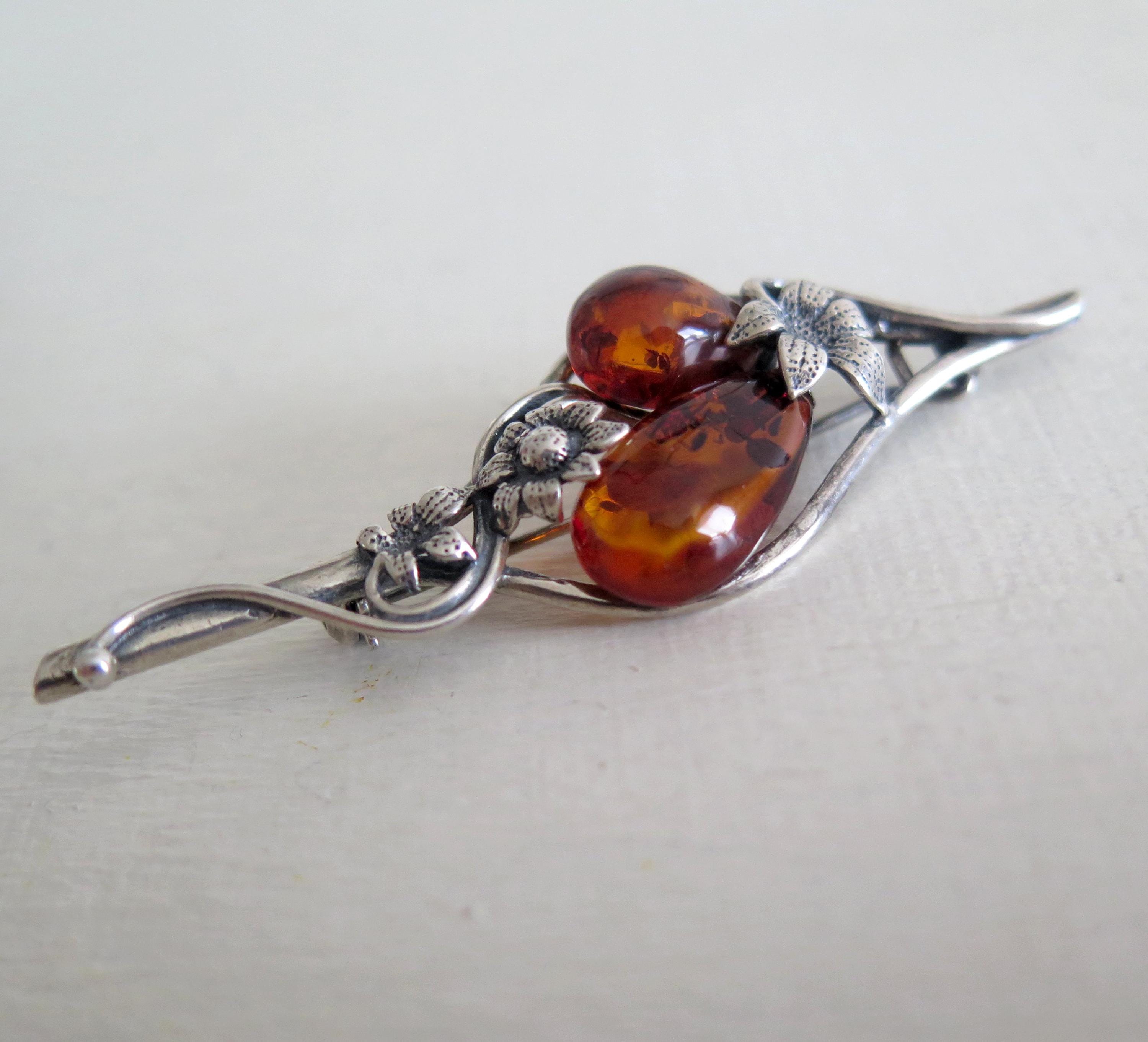Broche Artisanale Vintage Art Nouveau En Argent 925 Et Ambre - 68x42 Mm - Occasion