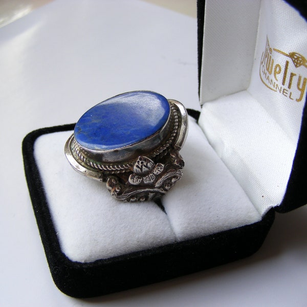 Vintage 9.6g Solid Sterling Silver Ethnic Style Ornate Bezel Set Large Natural Blue Lapis Lazuli Gemstone Ring Size UK T - US 9.5