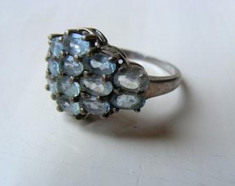 Vintage Solid Sterling Silver 925 TGGC Faceted Pale Sky Blue Topaz Gemstone Cluster Ring Size UK P - US 7.75