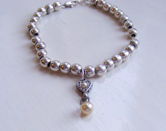 シルバー ビーズ ハートチャーム ブレスレット 約20cm シルバー ビーズ ハートチャーム ブレスレット 約20cm