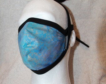 Latex-free Cotton Tie-On Face Mask Blue Batik and Gold metallic veins Non-Medical Grade