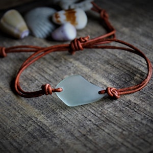 Light Blue Sea Glass, Adjustable Leather Bracelet,Beach Glass Jewelry,Surfer Jewelry