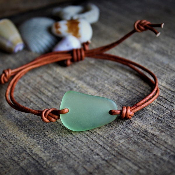 Green Sea Glass, Adjustable Leather Bracelet,Beach Glass Jewelry,Surfer Jewelry