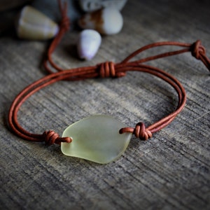 Yellow Sea Glass, Adjustable Leather Bracelet,Beach Glass Jewelry,Surfer Jewelry