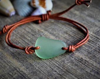 Green Sea Glass, Adjustable Leather Bracelet,Beach Glass Jewelry,Surfer Jewelry