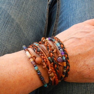 Wrap Bracelet for Women , Hippie Bracelet, Boho Wrap Bracelet, Amethyst Pearl and Leather bracelet, Gift For Her