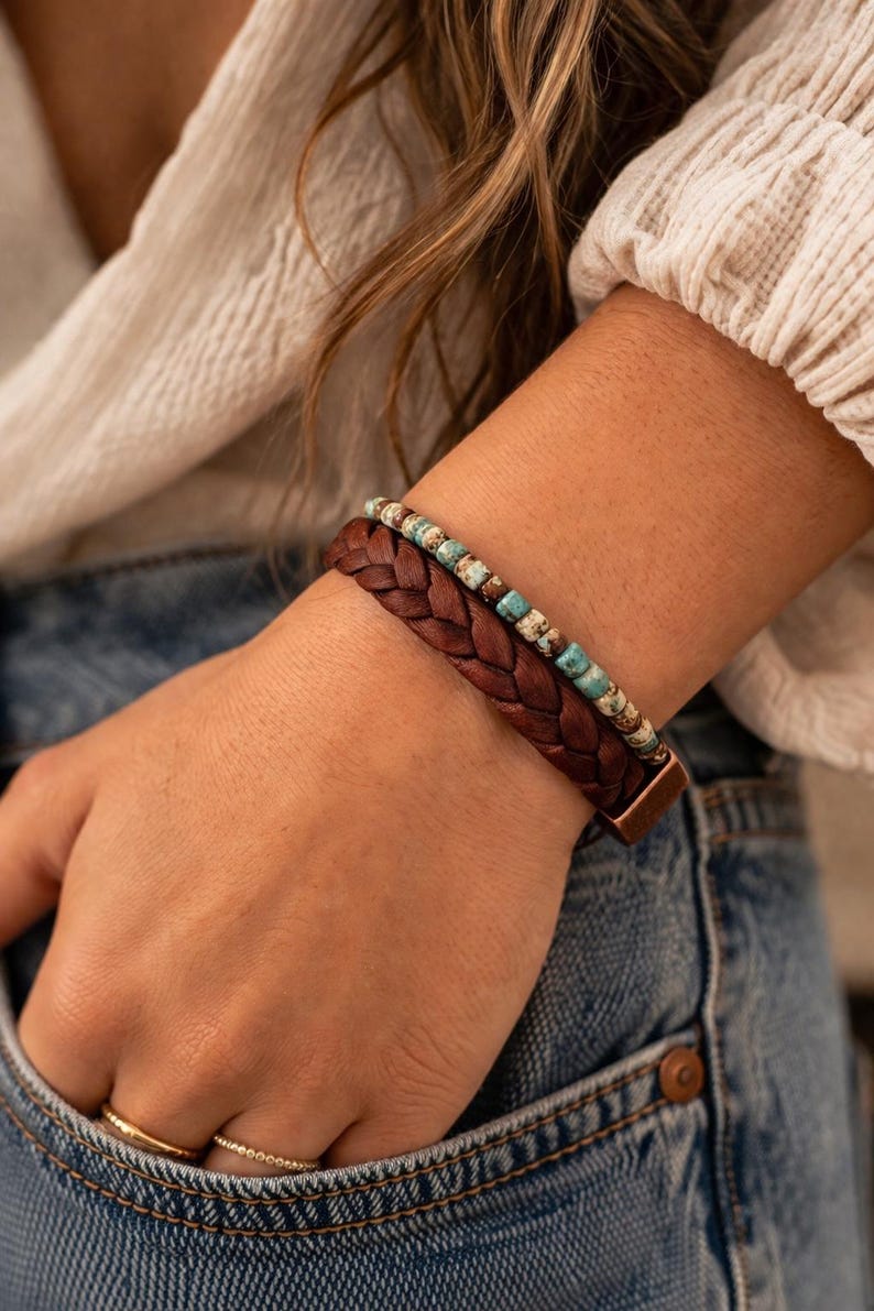 Handmade Leather & Turquoise Bead Bracelet – Rustic Boho Style