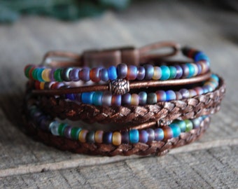 Bohemian Earthy Bracelet,Multi-strand Colorful ,Textured Artisan Jewelry
