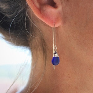 Blue Sea Glass Earrings: Sterling Silver Threader, Beach Jewelry