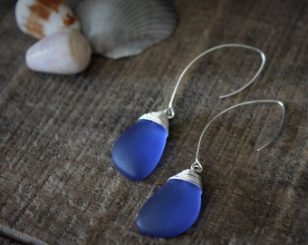 Boucle d'oreille en verre bleu de mer, boucles d'oreilles en verre de plage, bijoux en verre de mer, boucles d'oreilles en argent sterling, cadeau pour elle,