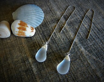 Frosty Sea Glass Earring,  Sterling Silver Threader Earrings, Beachy Jewelry