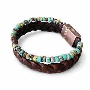Handmade Leather & Turquoise Blue Bead Bracelet – Rustic Boho Style image 11