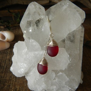 Red Sea Glass Earrings: Sterling Silver Threader, Beach Jewelry