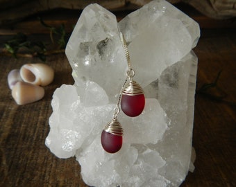 Red Sea Glass Earring,  Sterling Silver Threader Earrings, Seaglass Jewelry, Gift For Her