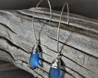 Blue Sea Glass  Earring , Beach Glass Earrings, Seaglass Jewelry, Gift For Her,