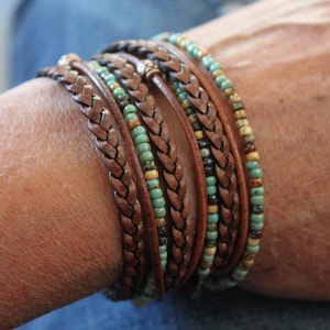 Boho Leather Wrap Bracelet: Braided Copper Beaded Style