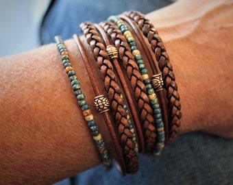 Bracciale avvolgente in pelle Boho: perline Miyuki, chiusura in rame