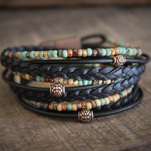 Boho Leather Wrap Bracelet: Miyuki Beads, Copper Accents