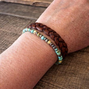 Handmade Leather & Turquoise Blue Bead Bracelet – Rustic Boho Style image 4