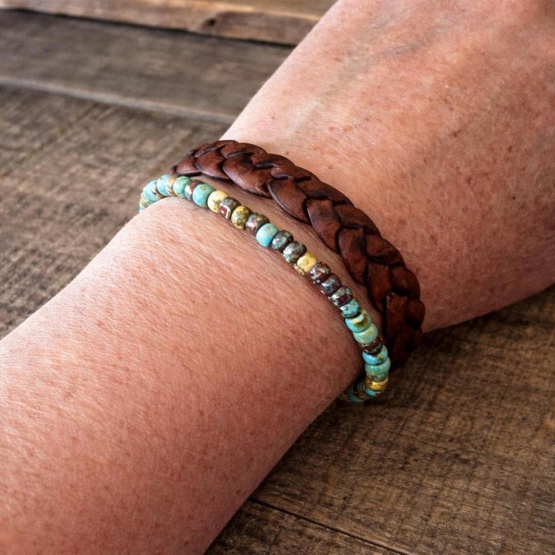 Handmade Leather & Turquoise Blue Bead Bracelet – Rustic Boho Style image 4