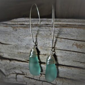 Blue Sea Glass Earrings: Silver Wire Wrapped Beach Jewelry