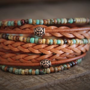 Boho Leather Wrap Bracelet: Miyoki Beads, Copper Accents