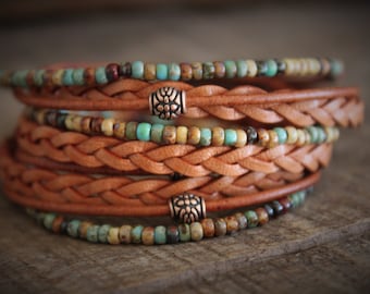 Bracciale avvolgente in pelle Boho: perline Miyoki, dettagli in rame