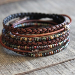 Napa leather braided, multi cord bracelet. A unique combination of beautiful Miyoki and Czech seed beads, Along with Copper Beads ,combine to make this 3x wrap bracelet. It is adorned with a magnetic clasp that makes it very easy to put on!