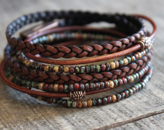 Boho Leather Wrap Bracelet: Braided Napa Leather, Miyuki Beads