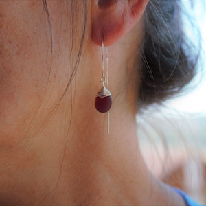 Red Sea Glass Threader Earrings: Sterling Silver Dangle Jewelry