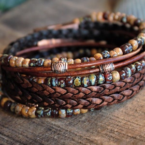 Mens Boho Leather Wrap Bracelet: Beaded Copper Clasp