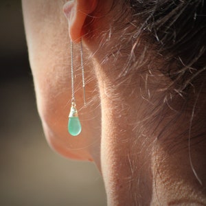 Blue Sea Glass Threader Earring , Dainty Silver Earrings, Beach Glass Earrings