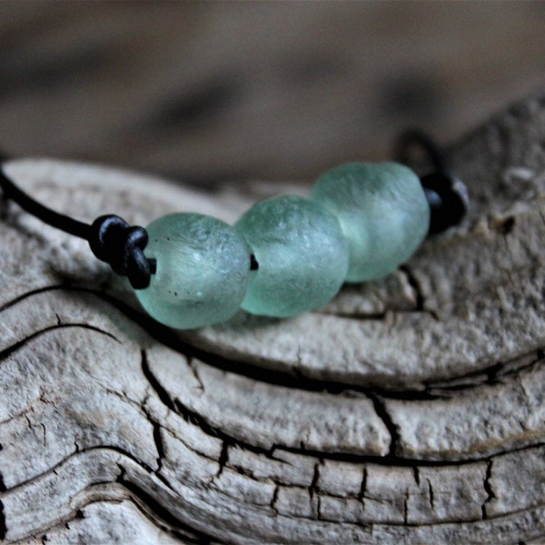 Blue Sea Glass Necklace  ,Beach Glass Leather Neck  ,Surfer Necklace, Gift For Her, Gift For Him