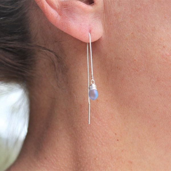 Sky Blue Sea Glass Threader Earring , Dainty Silver Earrings, Gift For Her