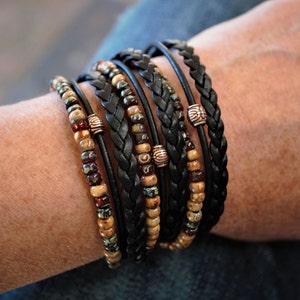 Boho Leather Wrap Bracelet: Beaded Bohemian Style, Copper Clasp