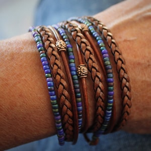 Boho Leather Wrap Bracelet: Blue Miyuki Seed Bead & Copper Clasp