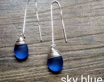 Blue Sea Glass  Earring , Sterling Silver Threader Earrings, Beach Glass Earrings Seaglass Jewelry, Gift For Her,