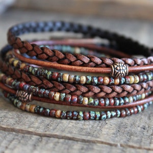 Triple Wrap Leather Bracelet, Distressed Brown, Picasso Beads, Earthy Rustic Jewelry