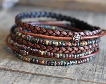 Bracelet, Layering, stack, Boho Wrap Bracelet, Leather Bracelet, Leather Beaded Wrap, Bohemian Style, Gift For Her