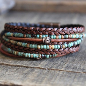 Men's Leather Wrap Bracelet: Boho Beaded Style