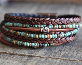 Man’s Bracelet, Layering, stack, Boho Wrap Bracelet, Leather Bracelet, Leather Beaded Wrap, Bohemian Style, Gift For Him