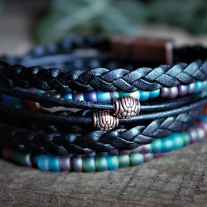 Mens Black Leather Wrap Bracelet: Beaded Boho Style
