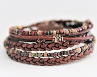 Bracciale avvolgente in pelle stile boho: perline Miyuki, stile boho