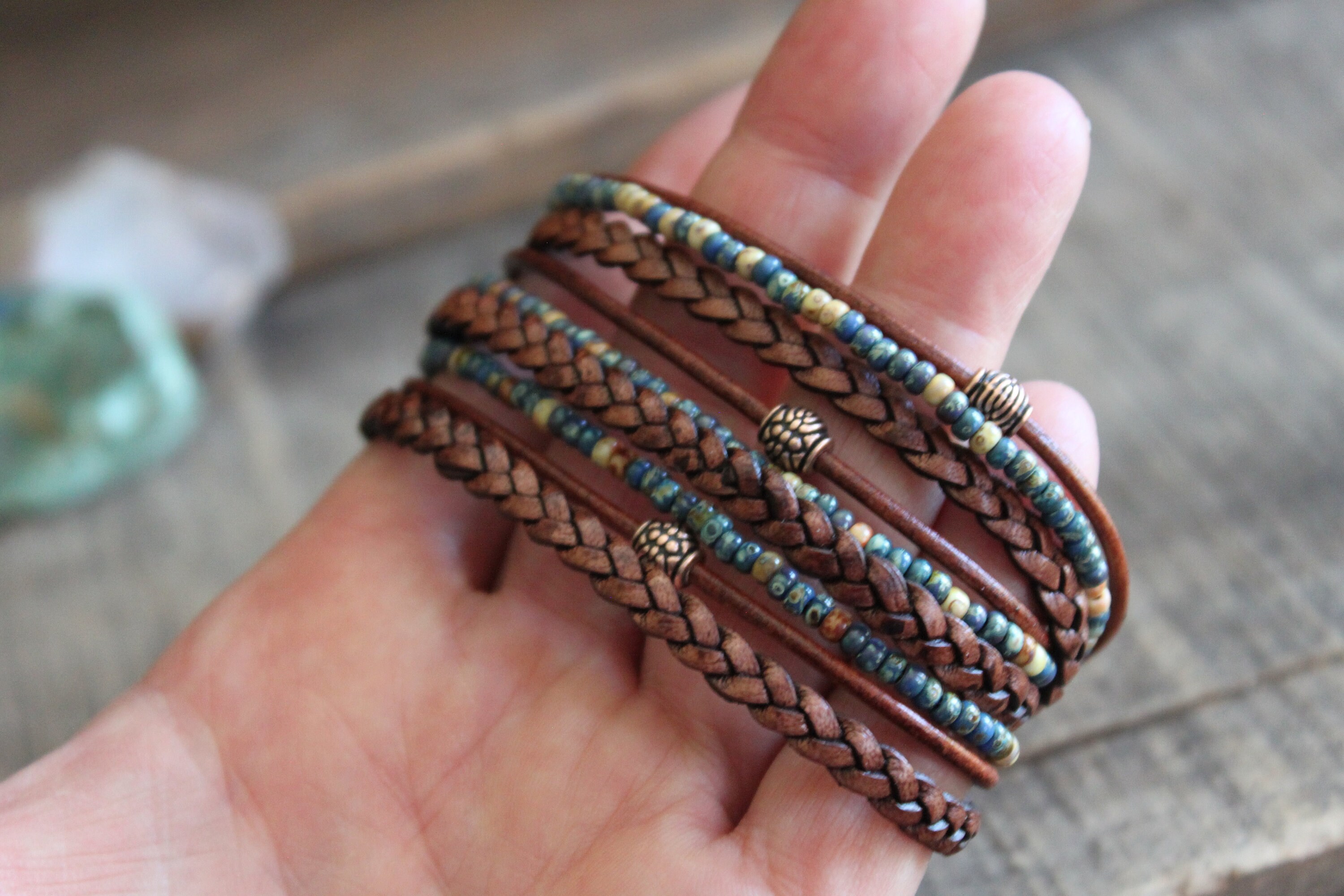 Braided Leather Wrap Bracelet: Boho Miyuki Seed Bead Bracelet