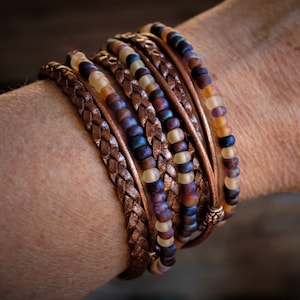 Boho Leather Wrap Bracelet: Beaded Miyoki Style, Magnetic Clasp