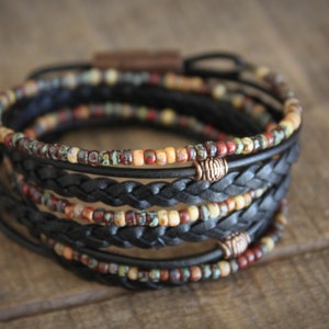 Boho Leather Wrap Bracelet: Miyuki Beads, Magnetic Clasp