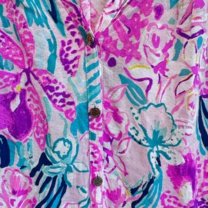 Lilly Pulitzer Elsa Blouse Pink Teal Floral Silk Rayon Button Front XS top image 5