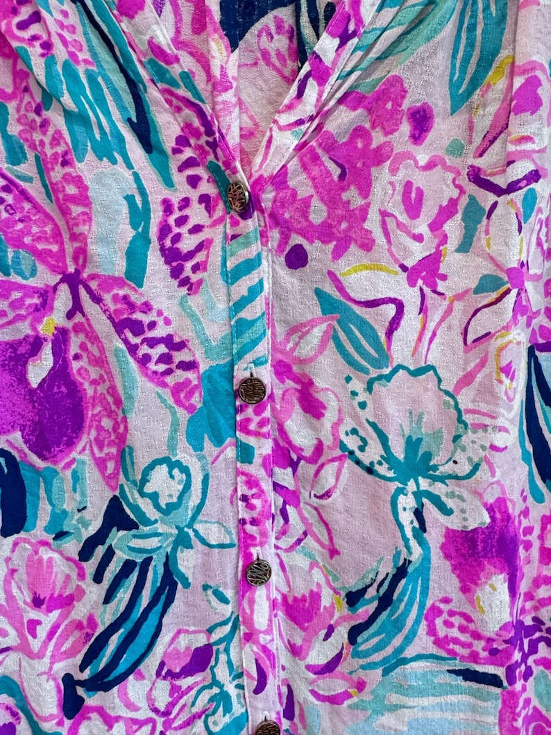 Lilly Pulitzer Elsa Blouse Pink Teal Floral Silk Rayon Button Front XS top image 5