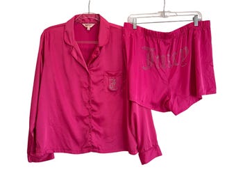 Juicy Couture Pink Satin Pajama Set Rhinestone Logo Sleepwear L/XL