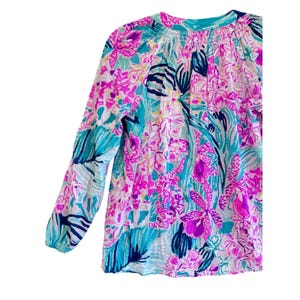 Lilly Pulitzer Elsa Blouse Pink Teal Floral Silk Rayon Button Front XS top image 4
